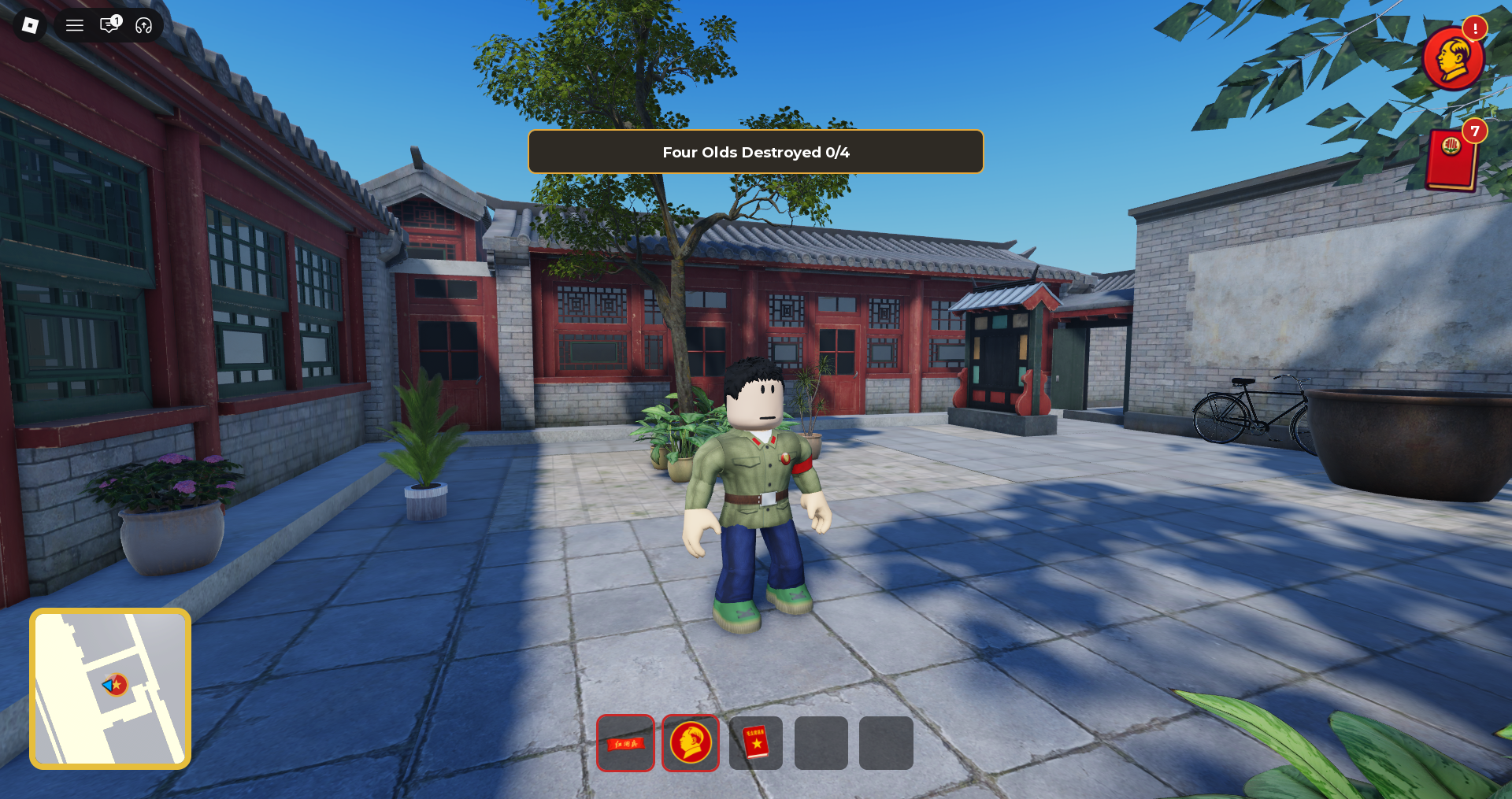 Courtyard environment in the Roblox prototype.